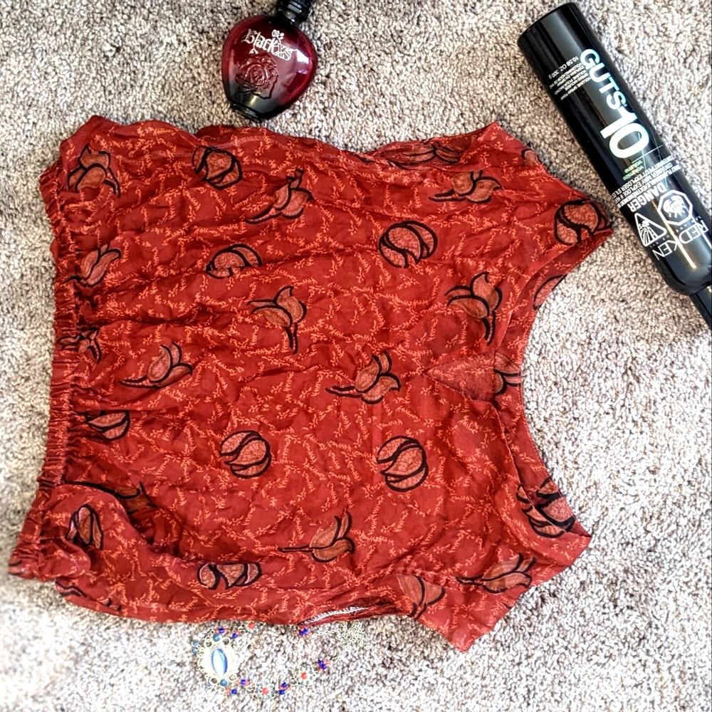Silk crop top tailor made summer top blouse size small fits 8-10 brown red